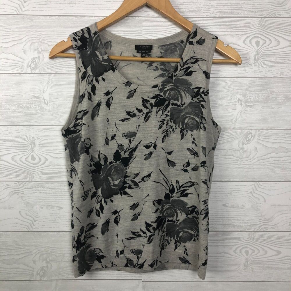 Talbot's Womens Medium PETITE 100% Merino Wool Floral Print Tank Top Gray Floral